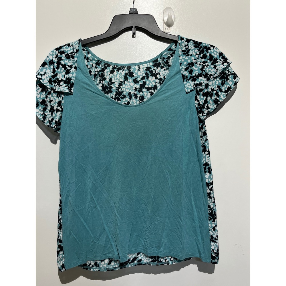 Ann Taylor Factory Teal Floral Mixed Media Flutter Sleeve Blouse Medium